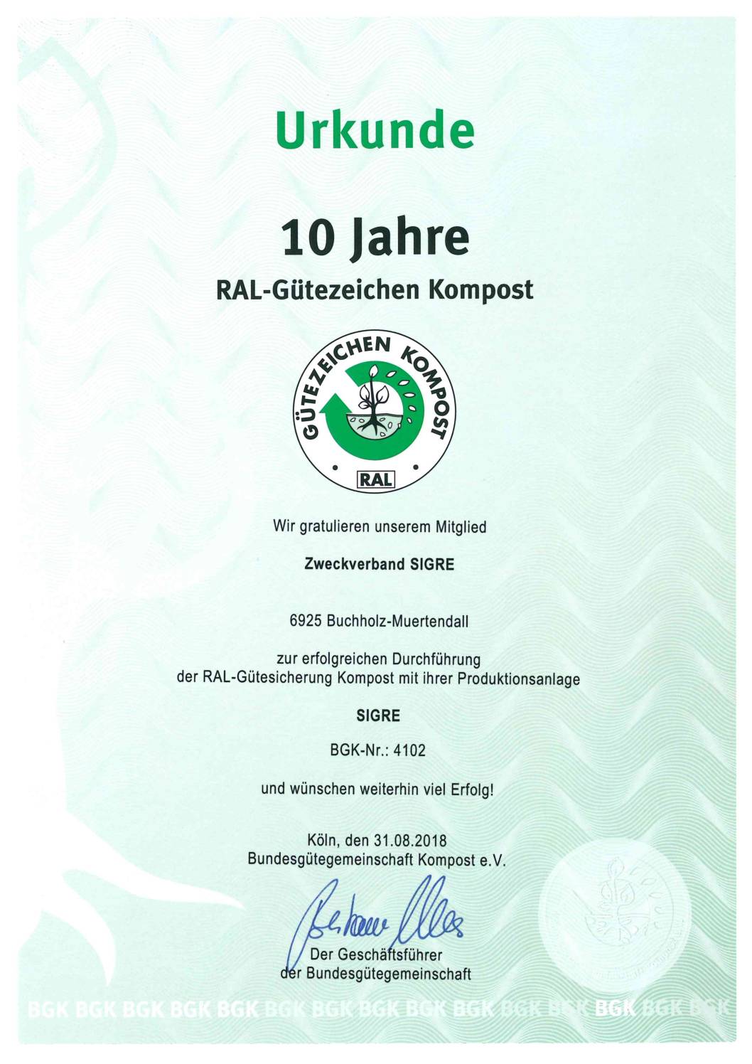 RAL-Gütezeichen-Kompost-10-Jahres-Urkunde
